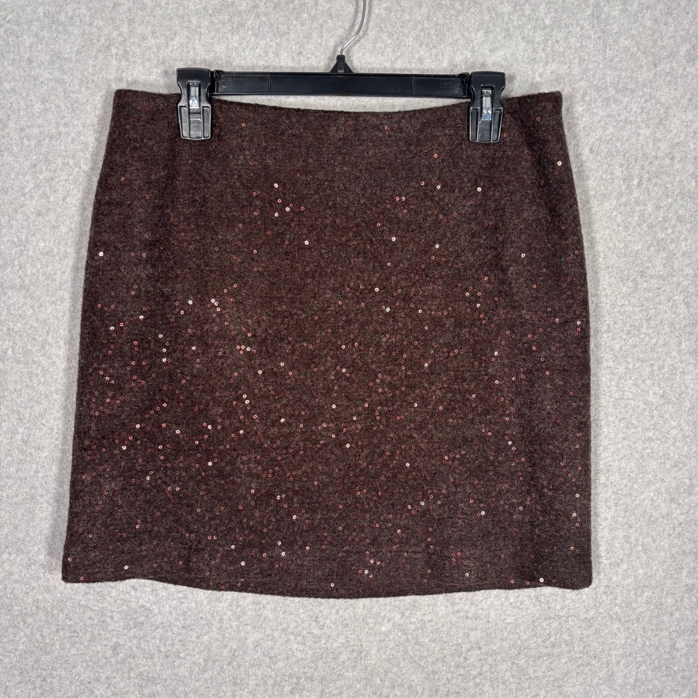 J Jill Wool Sequin Mini Skirt 8 Petite Brown Felted Boiled Neutral Minimalist